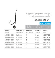 MF20 MONO.Z.ZADZIOREM i Gumką – Średnica 0,18MM, NR Haka 14, Dłżyłki 10CM